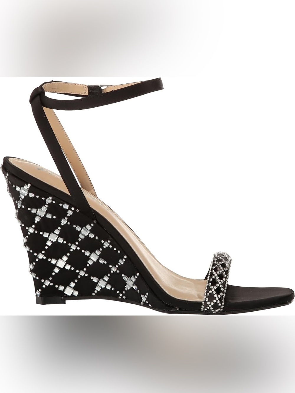 Betsey Johnson Black Rhinestone Mesh Wedge Sandals with Ankle Tie